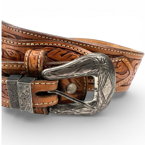 VINTAGE 90\'s Nocona 34 (M) Tooled Western Leather Silver-Tone Buckle Belt main image 7